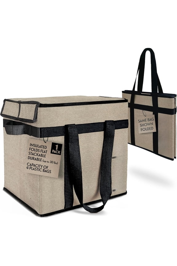 Grocery Bag (Single) - Durable Shopping Bag Box. Insulate, Stand Up, Stay Open, Fold Flat - Large Tote Bag with Long Handles & Reinforced Bottom. 2 Year Warranty.