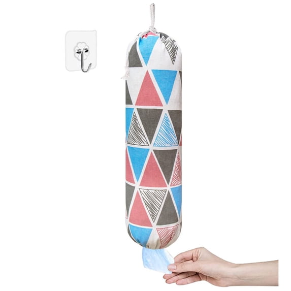 Grocery Bag Storage Holder, Wall Hanging Plastic Bag Dispenser with Drawstring, Reusable Shopping Bag Organizer for Kitchen and Travel, Pink Triangular Pattern, 1 Set