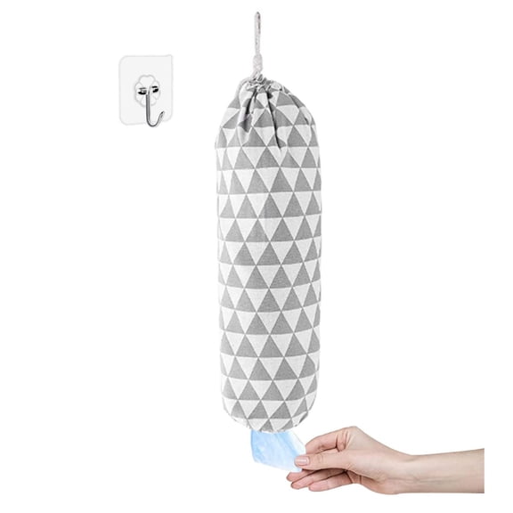 Grocery Bag Storage Holder, Wall Hanging Plastic Bag Dispenser with Drawstring, Reusable Shopping Bag Organizer for Kitchen and Travel, Triangular Gray Square Pattern, 1 Set