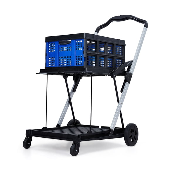 Grocery Cart on Wheels, 2-Tier Shopping Cart with Wheels & Foldable Crates, Adjustable Portable Carts with Wheels Foldable & 360° Swivel, 200LB Collapsible Trolley for Picnic, Office