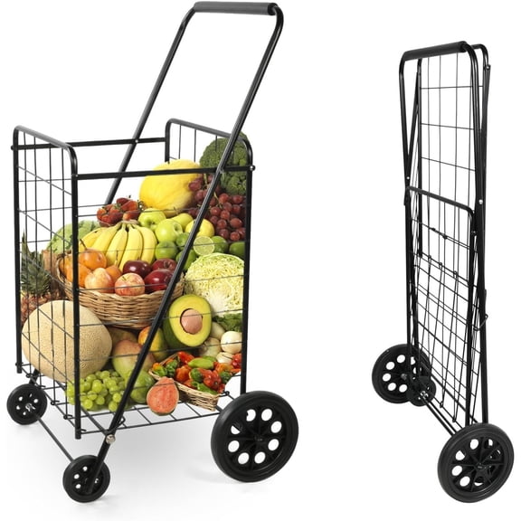 Grocery Cart on Wheels, Shopping Cart with Wheels, Heavy Duty Folding Shopping Carts for Groceries, Rolling Utility Cart for Laundry (Black)