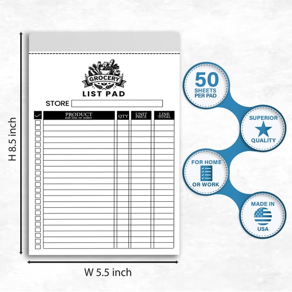 Grocery List Notepad, Tear-Off Shopping List Pad, Perforated Top, Meal Planner & Checklist, 50 Sheets, 8.5" x 5.5"
