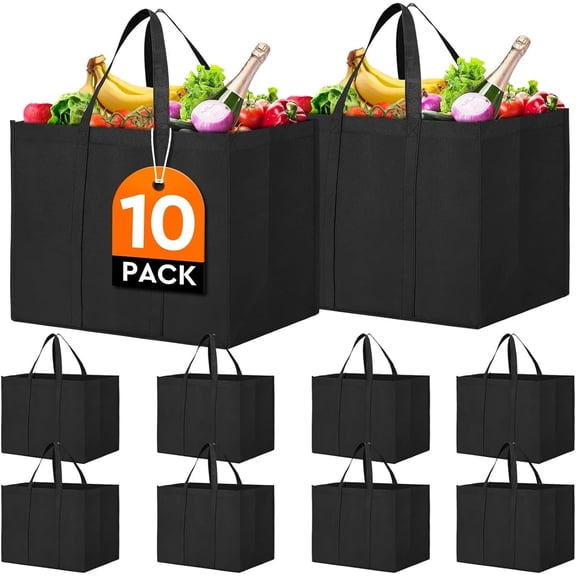 Grocery Shopping Bags 10 Pack Large Foldable Tote Bags Bulk, with Long Handle for Shopping Groceries Clothes (Black)