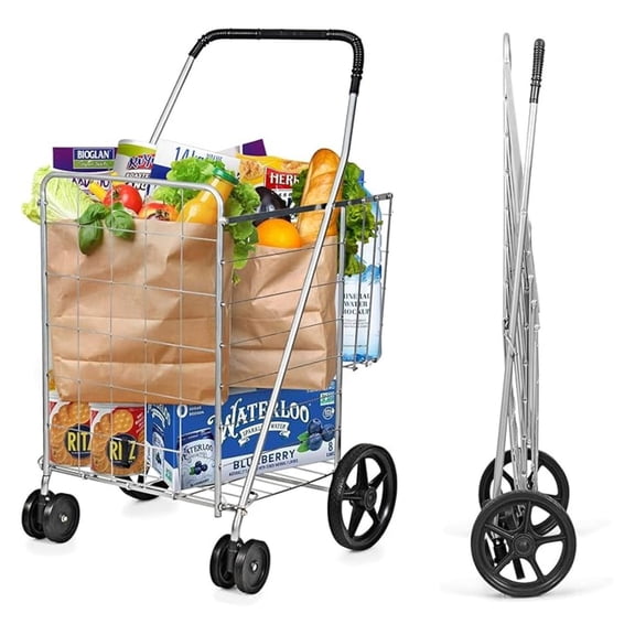 Grocery Shopping Cart, Foldable Heavy Duty Jumbo Utility Cart w/ 360 Rolling Swivel Wheels & Extra Basket, Lightweight Trolley Cart for Grocery Laundry Luggage (Sliver)