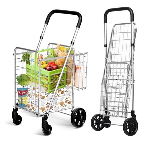 Grocery Shopping Cart, Foldable Heavy Duty Utility Cart w/Adjustable Handle, Extra Basket & 360 Rolling Swivel Wheels, Lightweight Trolley Cart for Grocery Laundry Luggage (Sliver)