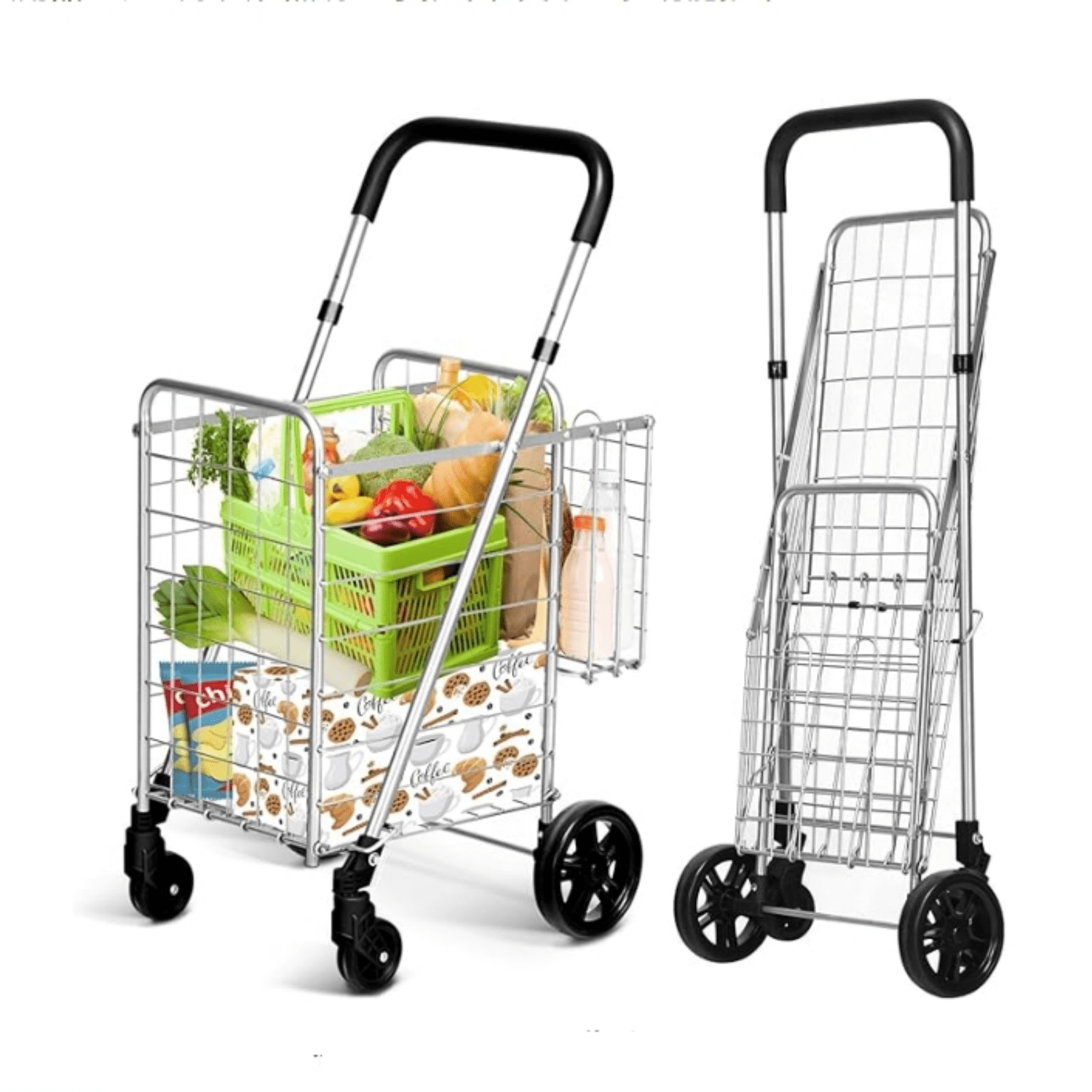 Ffe Carts Grocery Shopping Cart, Foldable Heavy Duty Utility Cart w/Adjustable ...