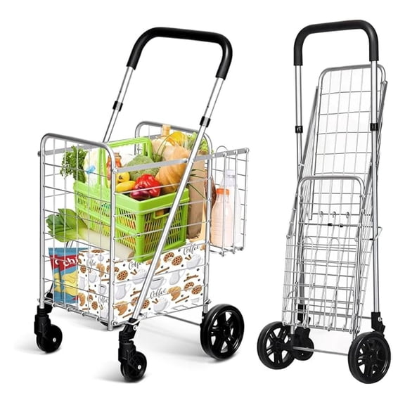 Grocery Shopping Cart, Foldable Heavy Duty Utility Cart w/Adjustable Handle, Extra Basket & 360 Rolling Swivel Wheels, Lightweight Trolley Cart for Grocery Laundry Luggage (Sliver)