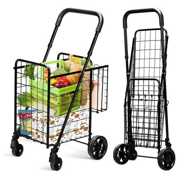 Grocery Shopping Cart, Foldable Heavy Duty Utility Cart w/Adjustable Handle, Extra Basket & 360° Rolling Swivel Wheels, Lightweight Trolley Cart for Grocery Laundry Luggage (Black)
