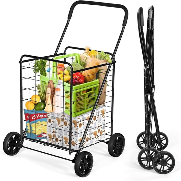 Grocery Shopping Cart, Foldable Heavy Duty Utility Cart w/Large Wheels for Easy Installation and Removal, Lightweight Trolley Cart for Grocery Laundry Luggage (Black)