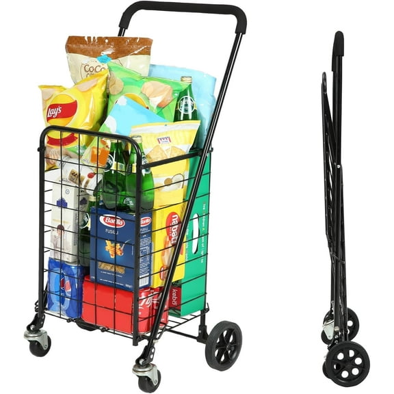Grocery Shopping Cart Folding Utility Cart with 360° Swivel Wheels, Collapsible Rolling Cart with Extended Foam Cover, Lightweight Trolley for Laundry, Groceries, Travel (Black, Small)