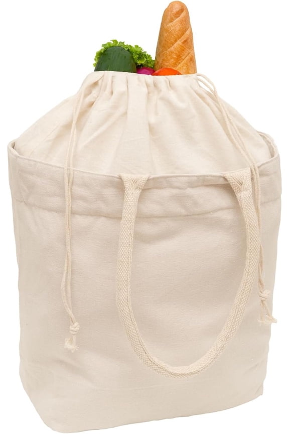 Grocery Shopping Tote Bags - Canvas Shopping Bags for Groceries with Handles and Drawstring Closure - Washable, Foldable Kitchen Grocery Bags - Cloth Bag for Picnic & Library (1 Bag)