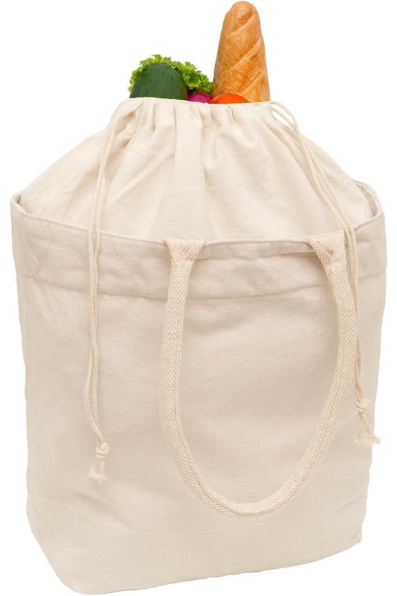 Grocery Shopping Tote Bags - Canvas Shopping Bags for Groceries with Handles and Drawstring Closure - Washable, Foldable Kitchen Grocery Bags - Cloth Bag for Picnic & Library (1 Bag)