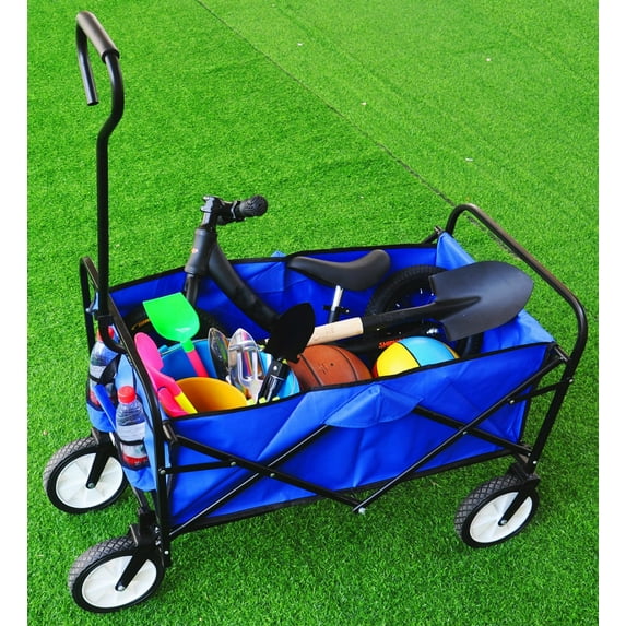 Grocery Wagon with Wheels Collapsible Cart, SEGMART Wagon for Groceries Foldable Wagon, Folding Wagons and Carts with Cup Holder & Adjustable Handle, Beach Wagon for Sand Park Camping, Blue, H862