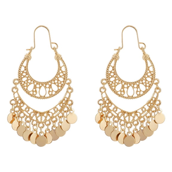 Grofry 1 Pair Hanging Earrings Vintage Sequin Tassel U-shaped Hollow Out Exquisite Stainless Anti-allergy Bohemian Ethnic Party Prom Dangle Earrings