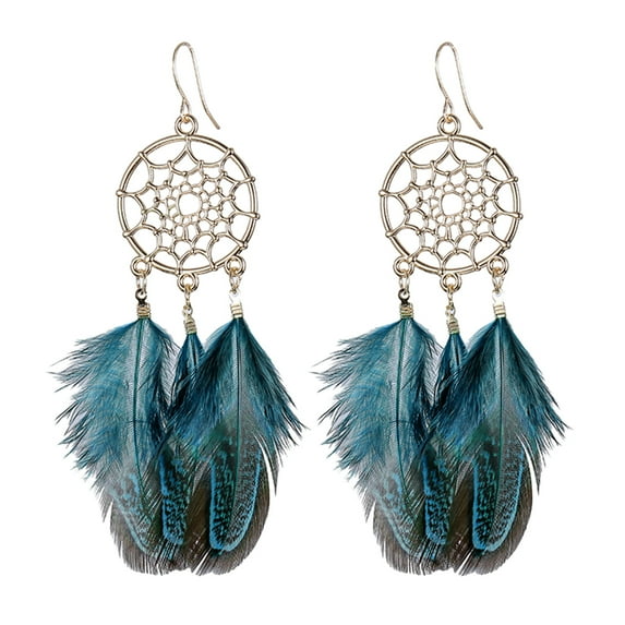 Grofry 1 Pair Retro Bohemia Women Hook Earrings Feather Tassel Round Drop Earrings Palace Style Dangle Earrings Jewelry Gift