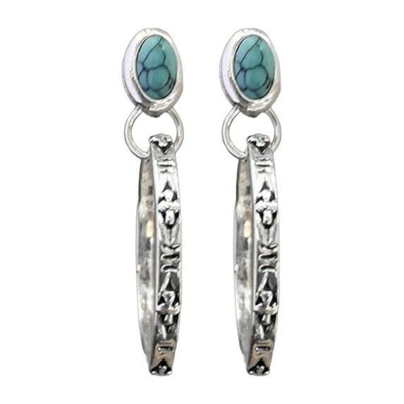 Grofry 1 Pair Women Bohemian Earrings Faux Turquoise Vintage Style Jewelry Faux Agate Engraved Round Shape Hoop Earrings Prom Travel Dangle Earrings