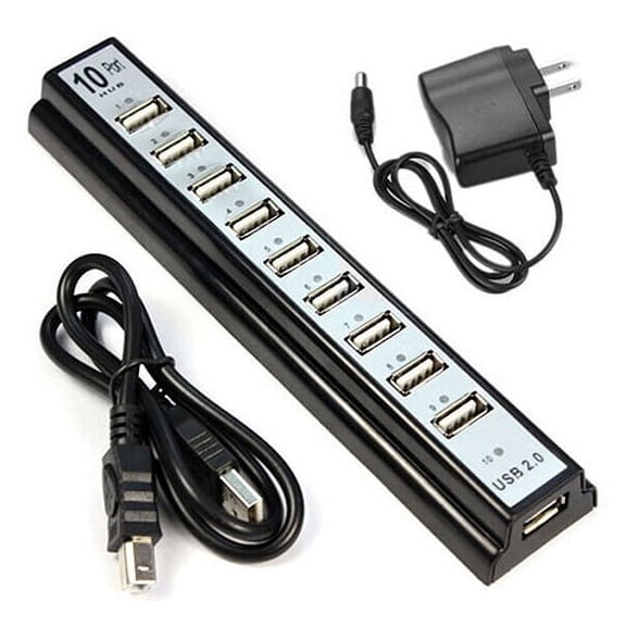 Grofry 10 Port Hi-Speed USB 2.0 Hub Splitter + US Power Adapter for PC Laptop Computer Black