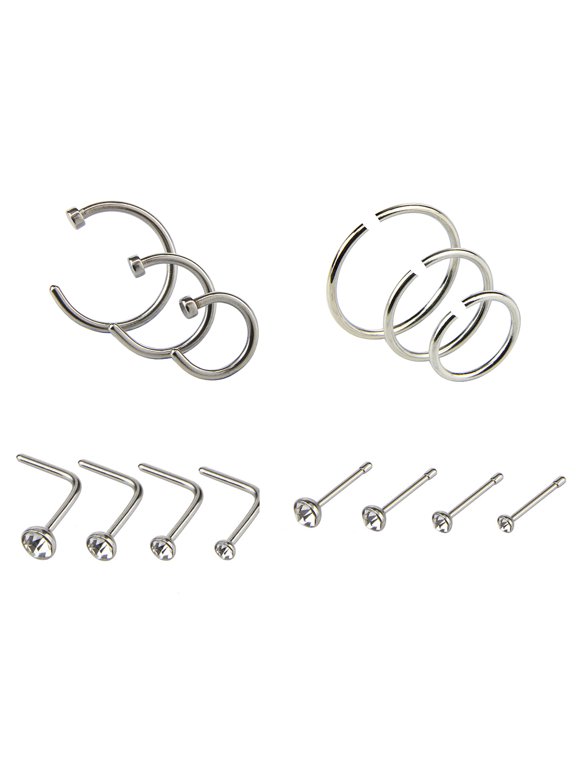 14 Pcs/Set Unisex Body Piercing Jewelry Rhinestone Stainless Steel Nose Stud Ring