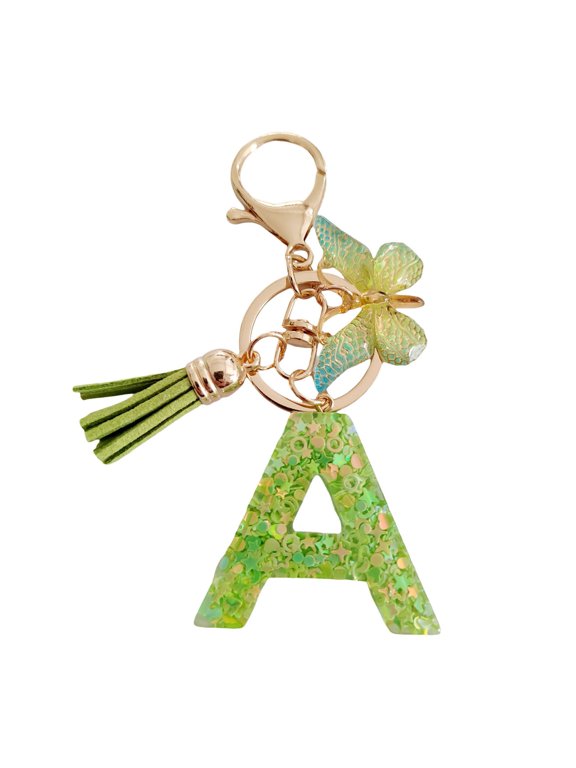 2 Pcs Initial Letter Keychains Green Butterfly Pendant Keychain Set Exquisite Relief Alphabet Keychain Pendant for Best Friend Mom Daughter Granddaughter Grandma