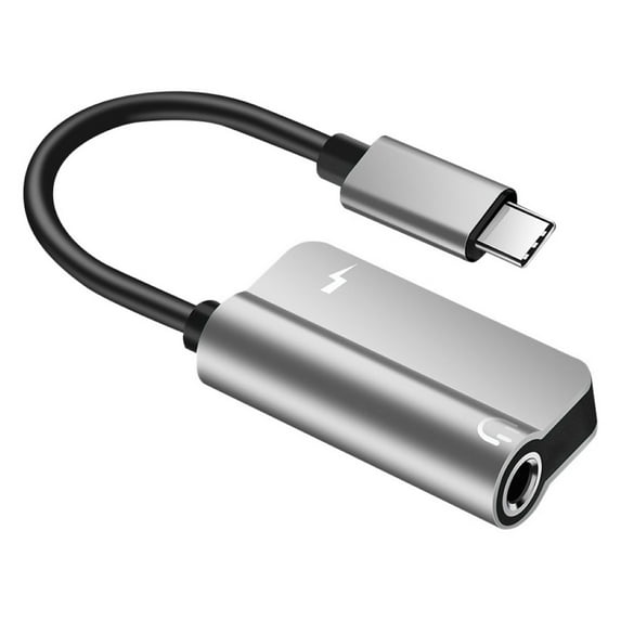 Grofry 2 in 1 Type-C to Audio 3.5mm Headphone Jack Charging Converter Cable Adapter Silver