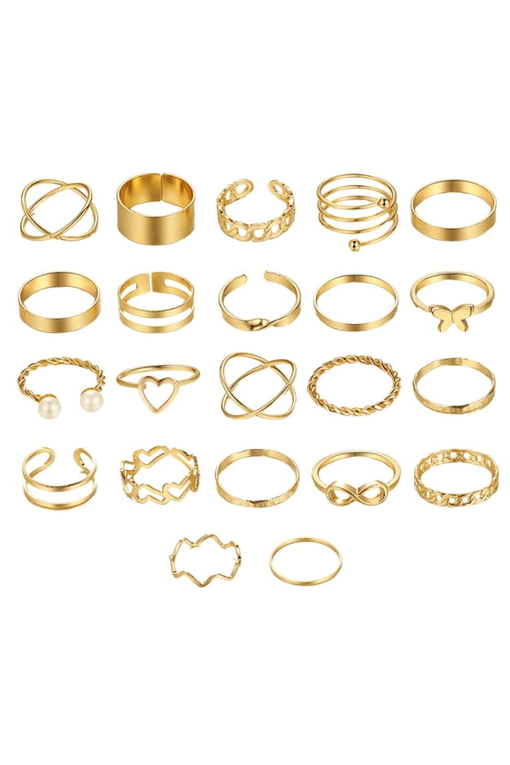 22 Pcs/Set Women Ring Set Hollow Out Faux Pearl Multi Shapes Heart Butterfly Polished Smooth Alloy Commute Stackable Knuckle Ring Finger Jewelry