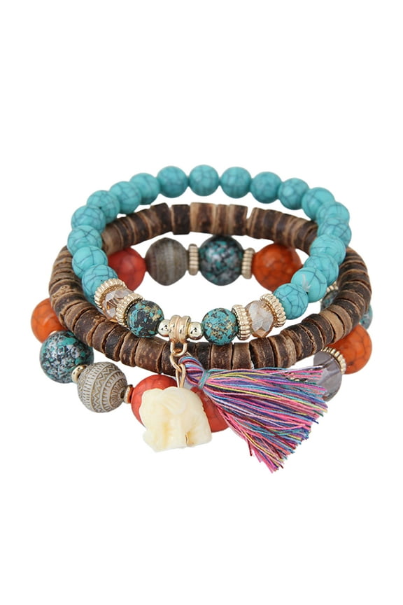 3 Pcs/Set Elastic Rope Multilayer Resin Women Bracelets Women Bohemia Elephant Tassel Beads Bracelets Jewelry Accessory