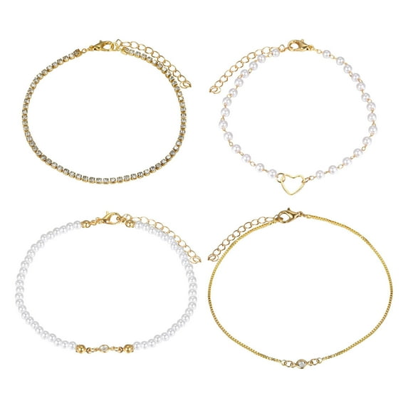 Grofry 4 Pcs Luxurious Gold Bracelets Rhinestones Hollow Heart Jewelry Sets Dainty Alloy Pearl Bracelet Gifts for Women Girls