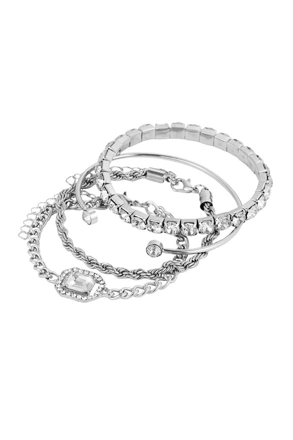 4 Pcs Rhinestone Bracelets for Women Multiple Layered Stackable Bracelet Open Cuff Wrap Bangle Adjustable Link Cuban Punk Jewelry for Women Girls Gift