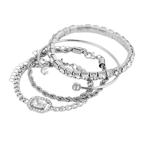 Grofry 4 Pcs Rhinestone Bracelets for Women Multiple Layered Stackable Bracelet Open Cuff Wrap Bangle Adjustable Link Cuban Punk Jewelry for Women Girls Gift