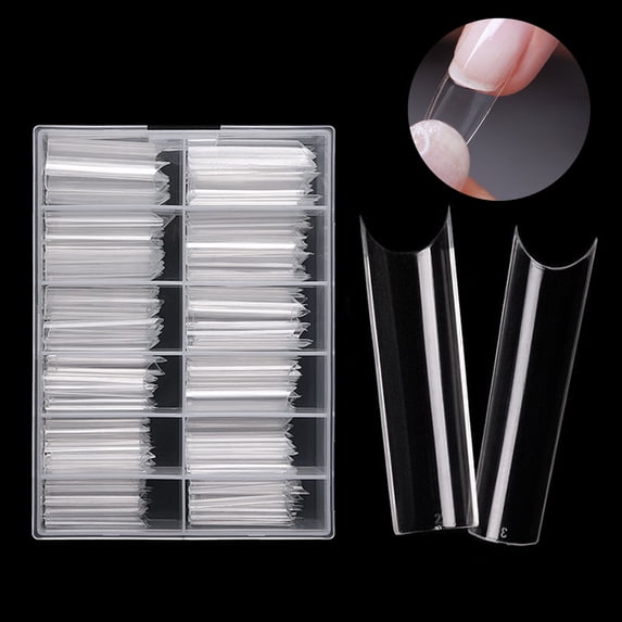 Grofry 480 Pcs/Box Nail Tips C Curved Pipe Shaped Transparent Long Square Coffin False Nail Tips for Manicure Transparent