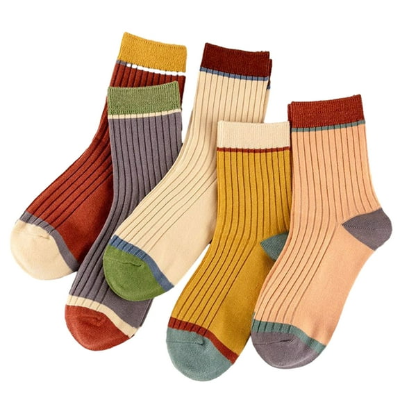 Grofry 5 Pairs Women Splicing Design Socks Mid-tube Ribbed Breathable Sweat-absorbent High Elastic Socks