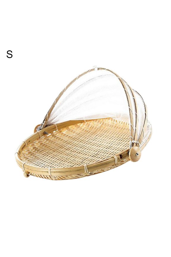 Bamboo Tent Basket, Hand Woven Tray Anti Bug Food Fruit Container Net Mesh Cover