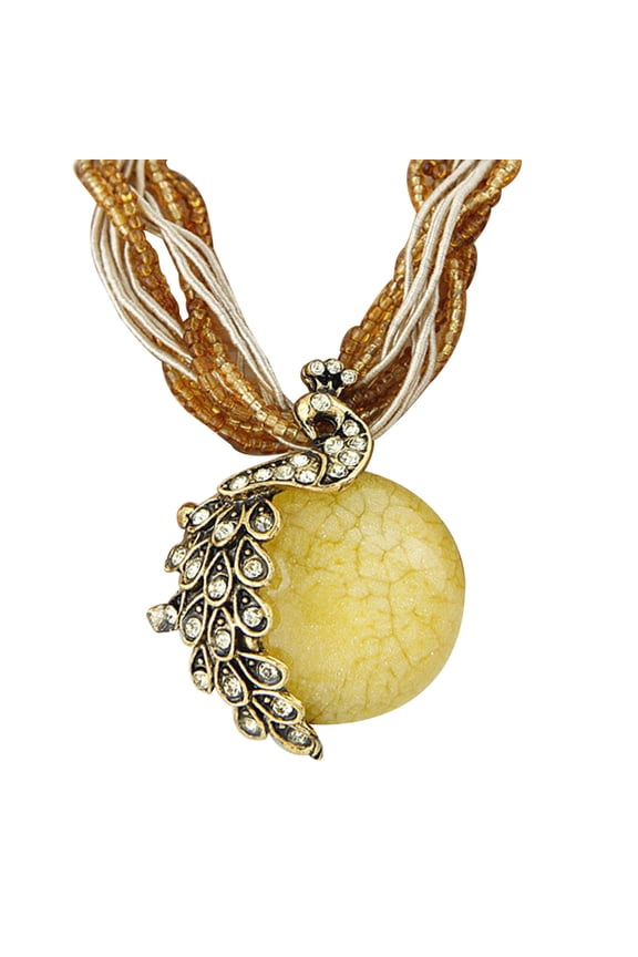 Bohemian Women Rhinestone Inlaid Peacock Round Faux Opal Pendant Necklace Gift