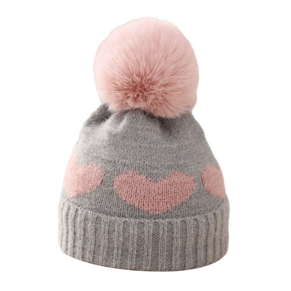 Grofry Children Hat Heart Print Color Matching Plush Ball Decor Soft Thick Knitted Elastic Anti-slip Ear Warm Windproof Beanie