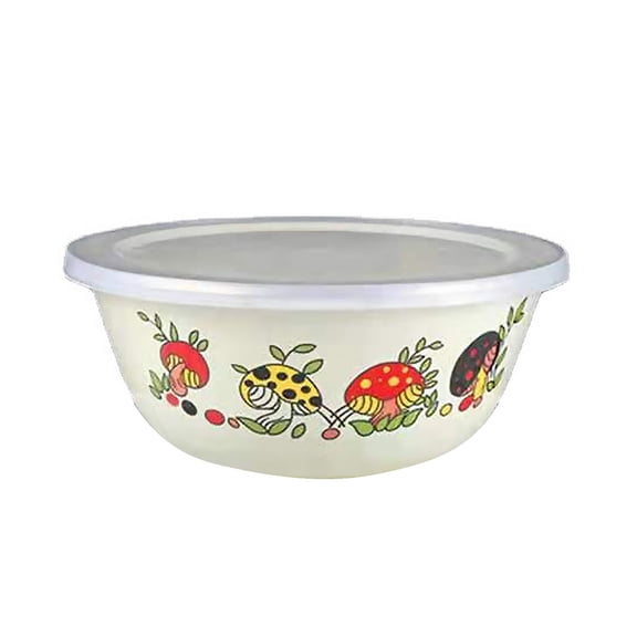 Grofry Clear Pattern Enamel Bowl with Lid Nostalgic Chinese Style Salad Bowls for Dinner 20 cm Mushroom