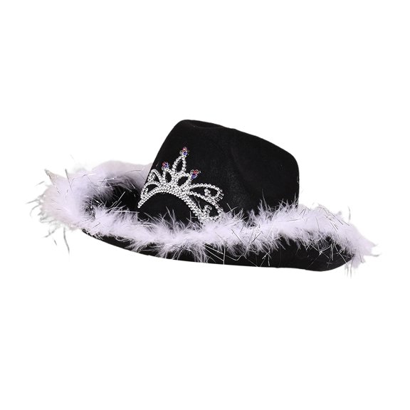 Grofry Cowgirl Hat Crown Decor Furry Ripped Edge Windproof Chin Rope Large Brim Sun Protection Retro Western Style Stage Show Performance Party Cap