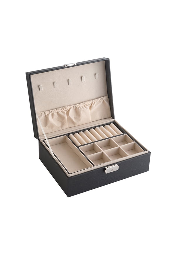 Double-layer Jewelry Box Safety Lock Micro Fiber Leather Adjustable Compartments Jewelry Case for Rings Black 2 Layer