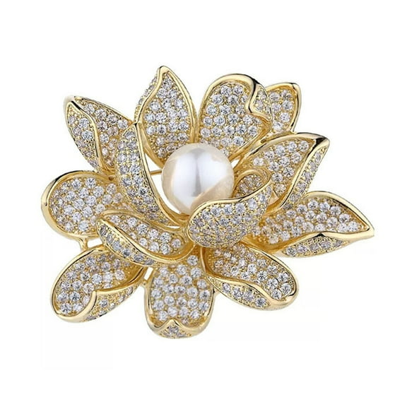 Grofry Elegant Flower Shape Brooch Shining Rhinestones Inlaid Faux Pearl Pin Suit Lapel Shawl Badge Coat Accessories