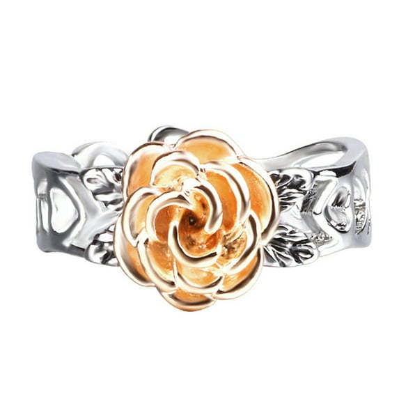 Grofry Elegant Two Tone Women Rose Flower Hollow Band Finger Ring Wedding Jewelry Gift