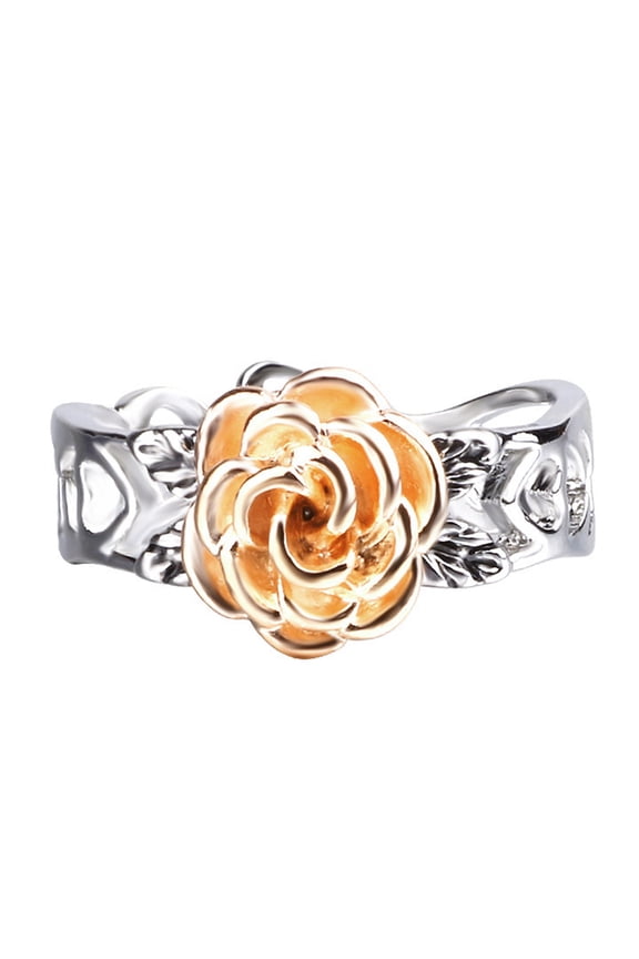 Elegant Two Tone Women Rose Flower Hollow Band Finger Ring Wedding Jewelry Gift