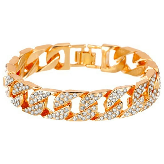 Grofry Fashion Women Rhinestone Inlaid Cuban Link Chain Bracelet Bling Jewelry GiftGolden