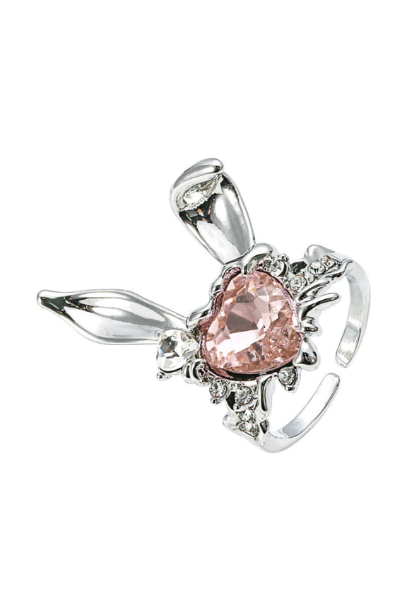 Finger Ring Adjustable Exquisite Rhinestones Pink Heart Lovely Rabbit Ear Women Finger Ring Valentine Day Gift