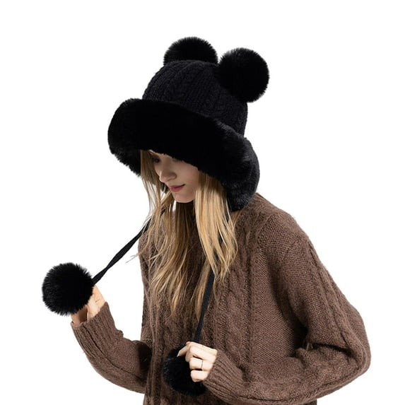 Grofry Ladies Hat Fluffy Plush Thickened Heat Retention Ball Decor Ear Windproof Outdoor Camping Cycling Skiing Headwear