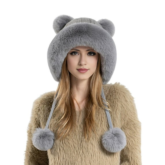 Grofry Ladies Hat Fluffy Plush Thickened Heat Retention Ball Decor Ear Windproof Outdoor Camping Cycling Skiing Headwear