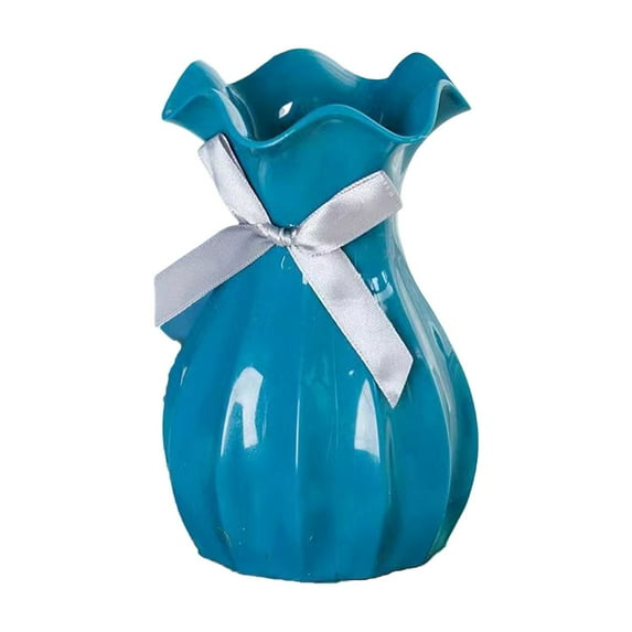 Grofry Light Plastic Vase Shatterproof Flower Vase with Ruffled Mouth Dried Flowers Holder with Bow for Bedroom Living Room Table Decor