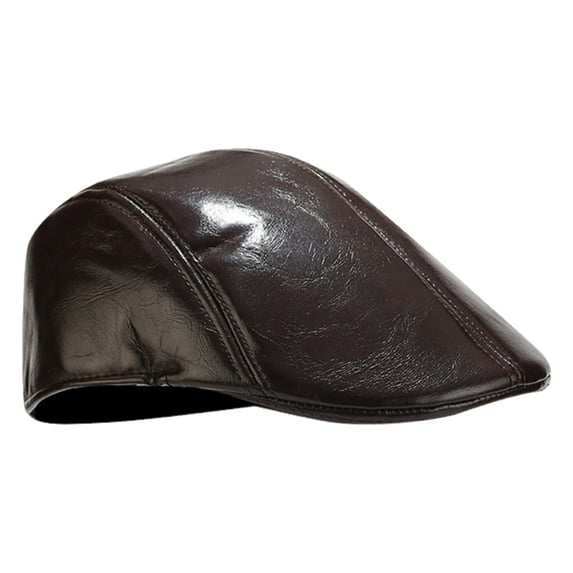 Grofry Men Hat Smooth Faux Leather Advanced Hat Mid-aged Men Beret Cold Weather Hiking Traveling Cap English Newsboy Cap