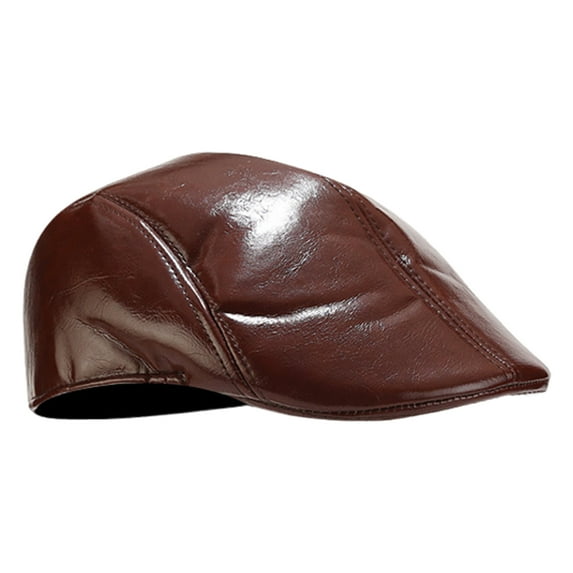 Grofry Men Hat Smooth Faux Leather Advanced Hat Mid-aged Men Beret Cold Weather Hiking Traveling Cap English Newsboy Cap