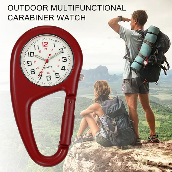 Grofry Pocket Watch Luminous Shock Resistance Precise Backpack Belt Pocket Clip Watch for Outdoor Red