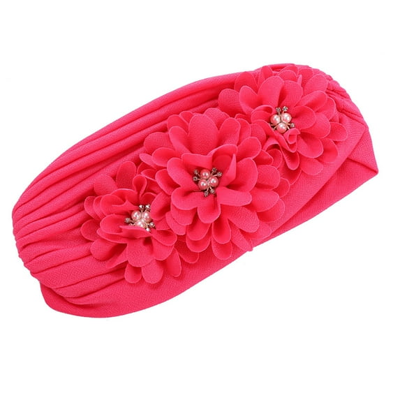 Grofry Three Flower Decal Design Turban Hat Elastic Hijab Cap Hair Loss Cover Headwear Rose Red