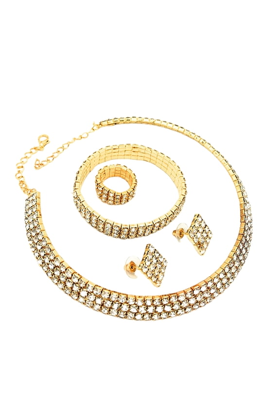 White Gold Plated Shining Bright Luster Necklace/Bracelet/Earrings/Band Ring Sets Hypoallergenic Jewelry Pack of 4